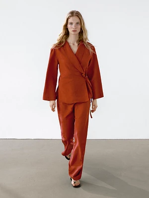 Flowing linen blend kimono with tuxedo-style collar