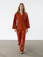 Flowing linen blend kimono with tuxedo-style collar