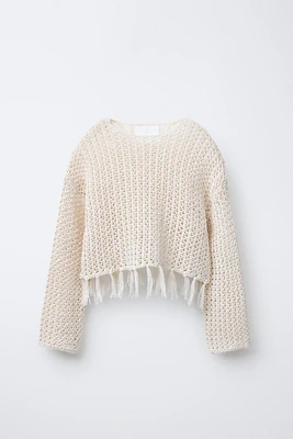 PULL EN MAILLE RÉSILLE À FRANGES