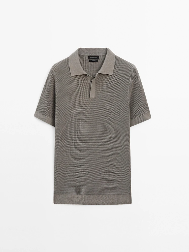 Textured cotton knit polo shirt