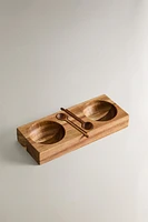 ACACIA WOOD SALT AND PEPPER SHAKER WITH DESSERT SPOONS