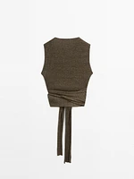 Melange linen blend top with tie detail