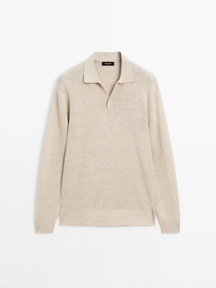 Linen blend melange knit polo sweater