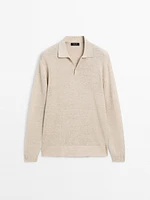 Linen blend melange knit polo sweater