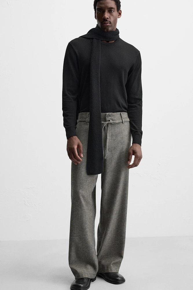 BELTED HERRINGBONE PANTS