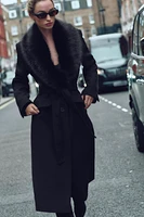 FAUX FUR WOOL BLEND LAPEL COLLAR COAT