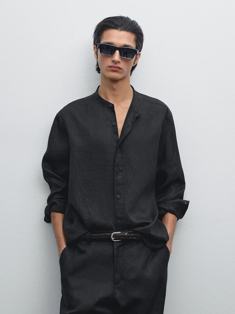 100% linen regular fit stand-up collar shirt
