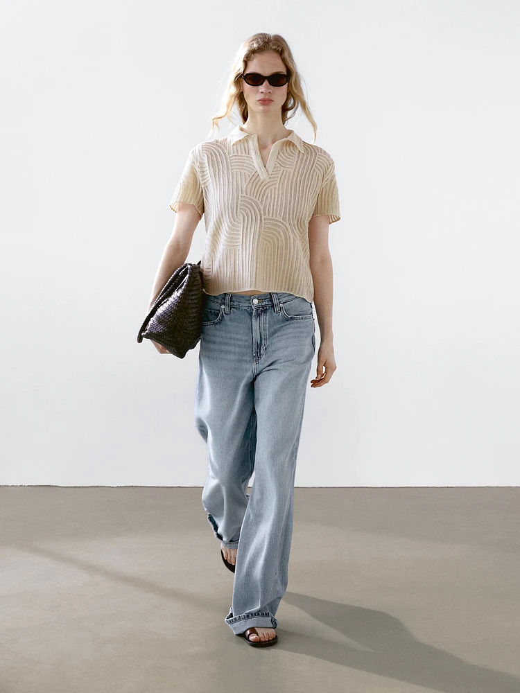 Polo en maille ajourée avec broderie