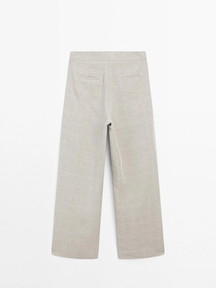 Linen blend check print trousers