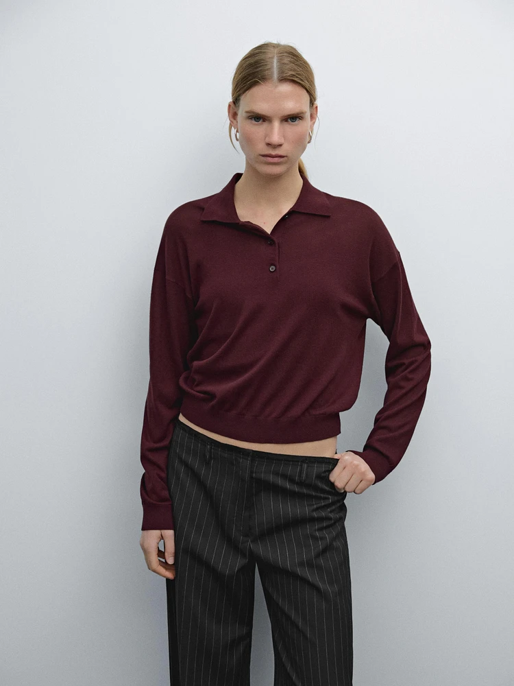 Cotton blend knit polo sweater