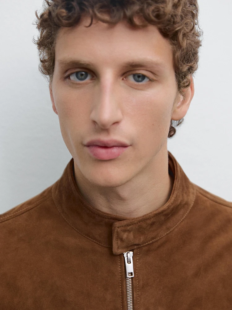 Suede leather biker jacket with pockets