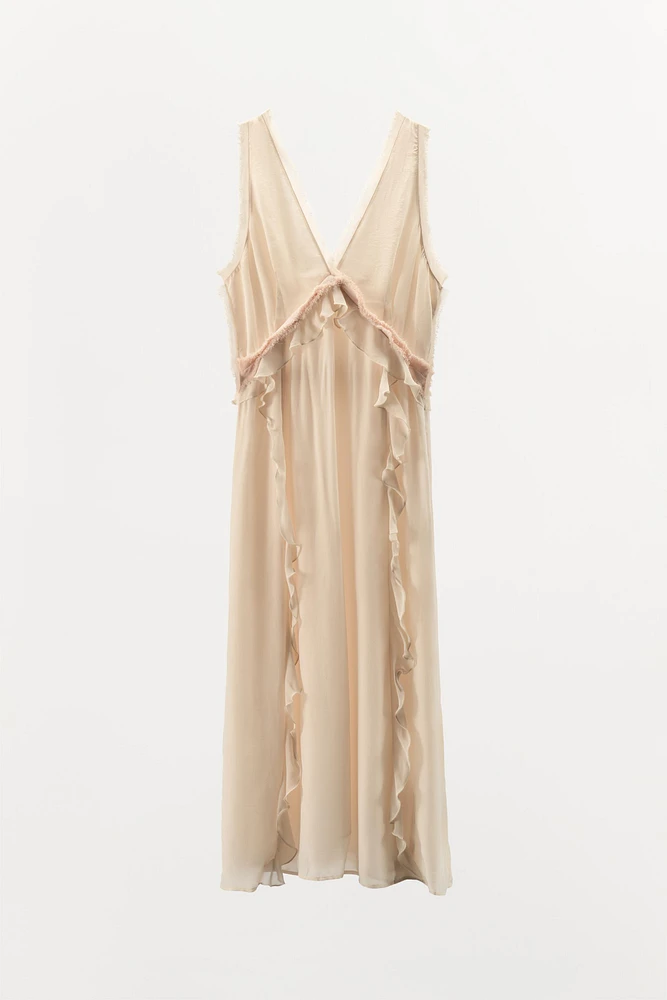 ROBE MI-LONGUE EFFRANGÉE À VOLANTS