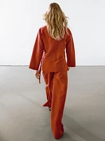 Flowing linen blend kimono with tuxedo-style collar