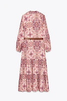 BELTED PRINTED MIDI DRESS