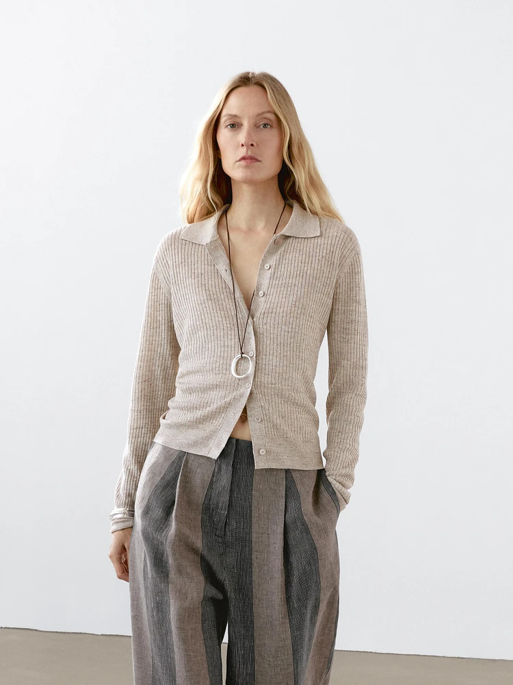 Melange linen blend knit cardigan
