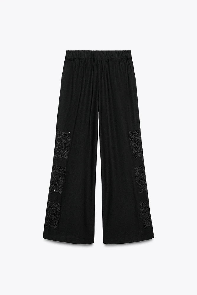 MULTI-PLEAT EMBROIDERED PANTS