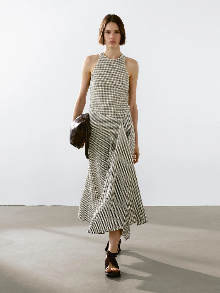 Long check cotton flounce dress