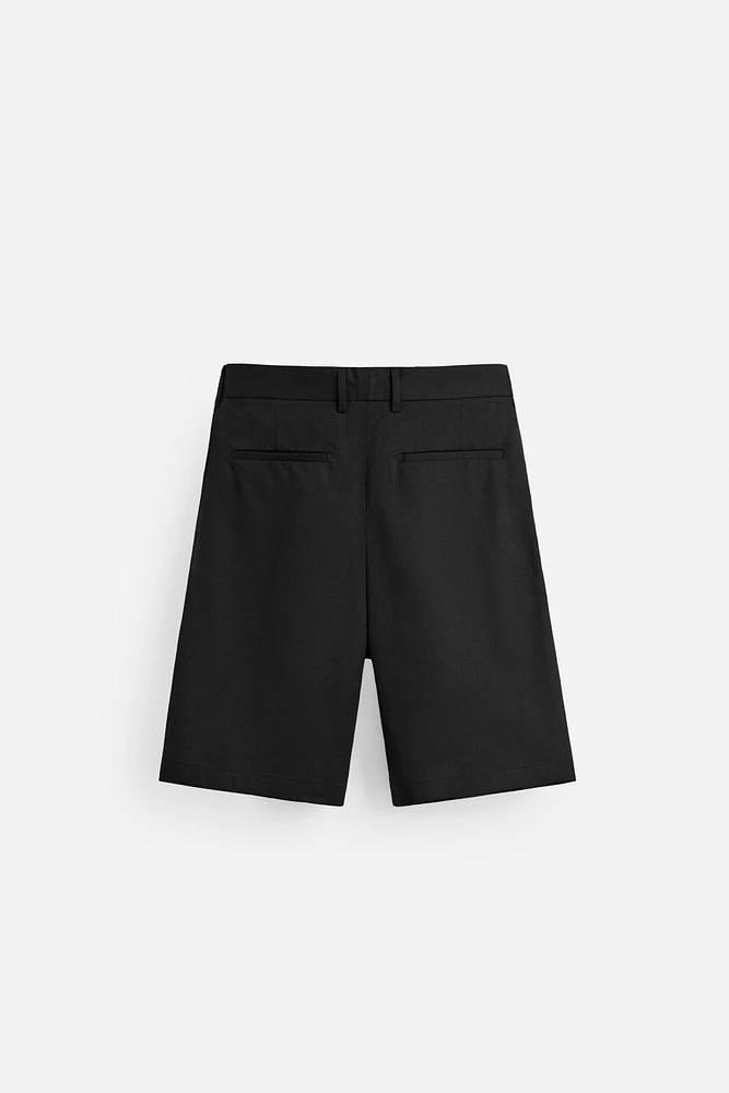 PLEATED COTTON LINEN SHORTS