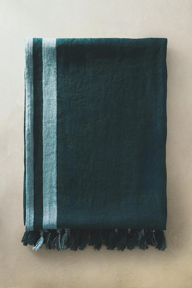 STRIPED LINEN BEACH WRAP TOWEL WITH FRINGING