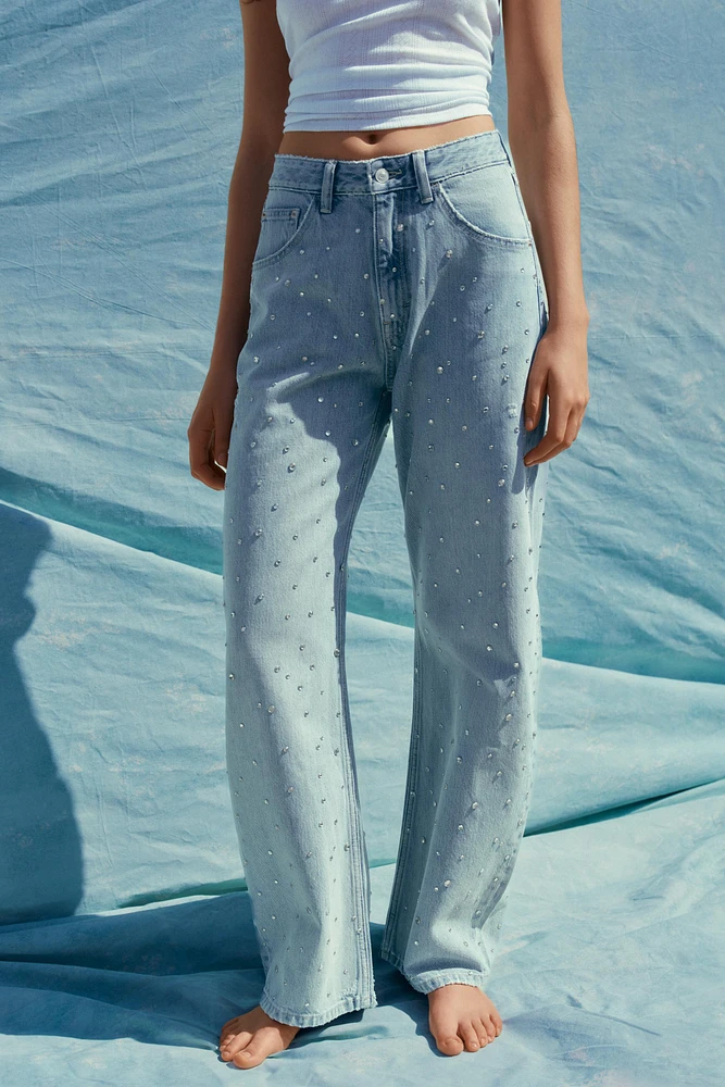 TRF CURVED HIGH WAIST RHINESTONE JEANS