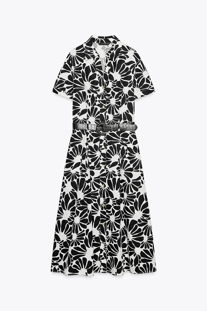 ROBE MIDI EN POPELINE IMPRIMÉE CEINTURE
