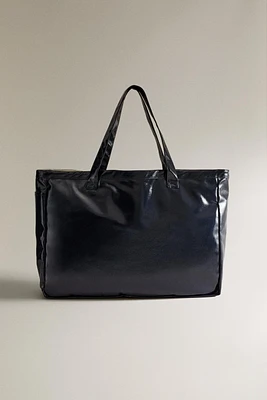 WATER-REPELLENT SOLID-COLORED FAUX PATENT FINISH TOTE BAG