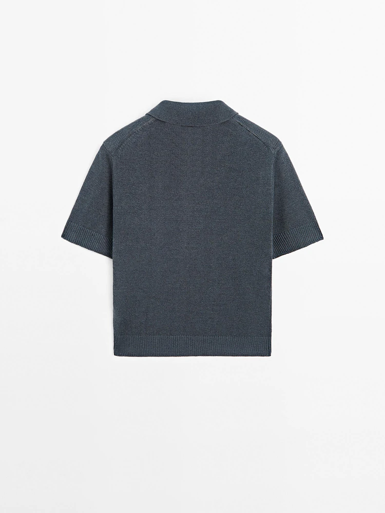Linen blend cutwork polo sweater
