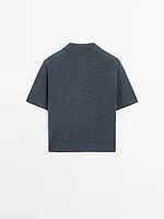 Linen blend cutwork polo sweater