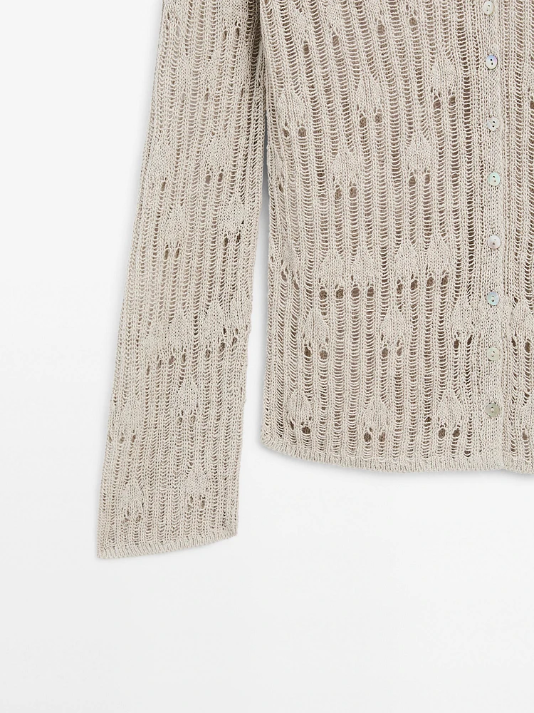 Cardigan en maille ajourée à col polo