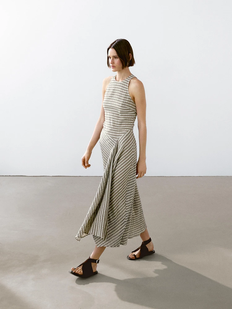 Long check cotton flounce dress