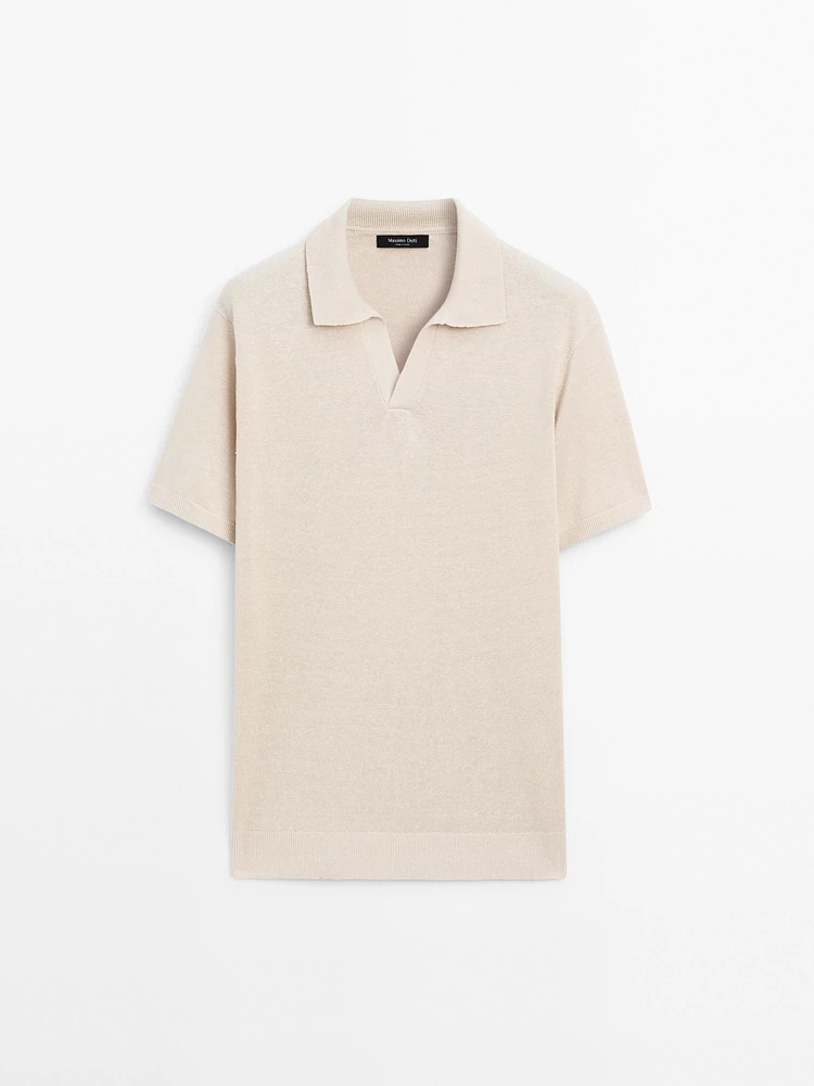 Cotton and linen blend knit V-neck polo shirt