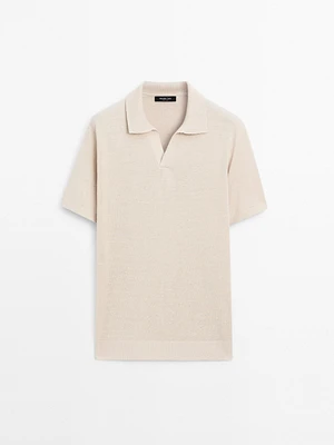 Cotton and linen blend knit V-neck polo shirt