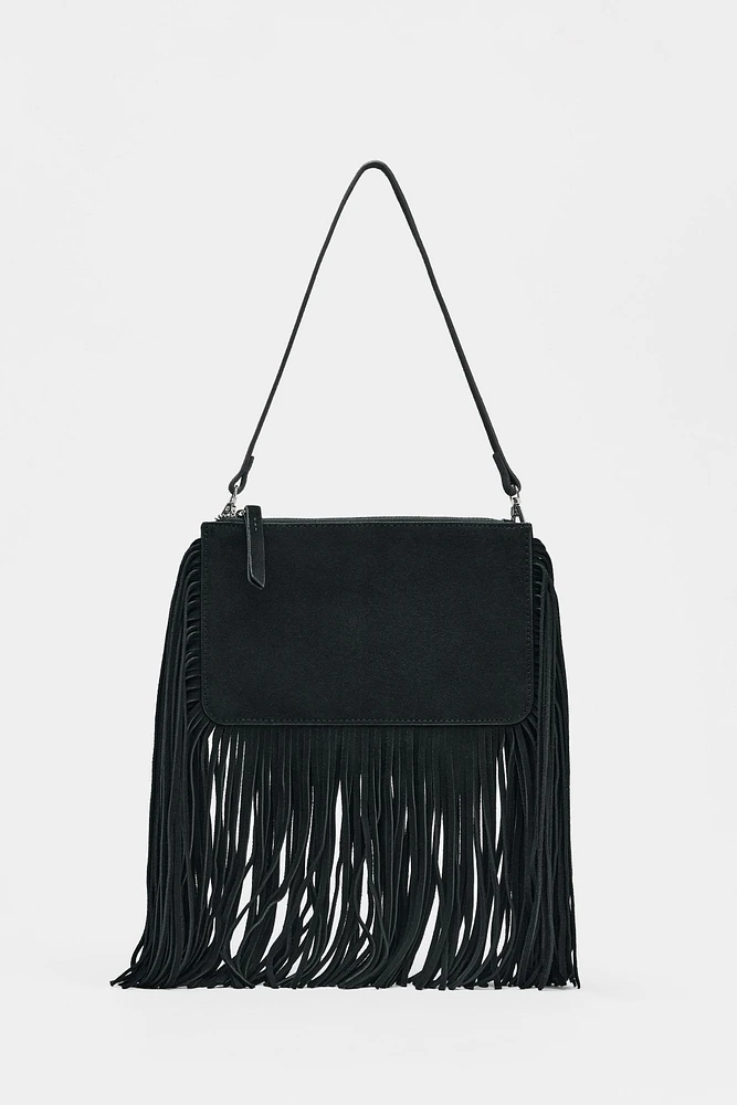 FRINGED SPLIT LEATHER MINI CROSSBODY BAG