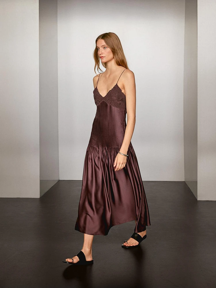 Flowing satin midi dress with straps