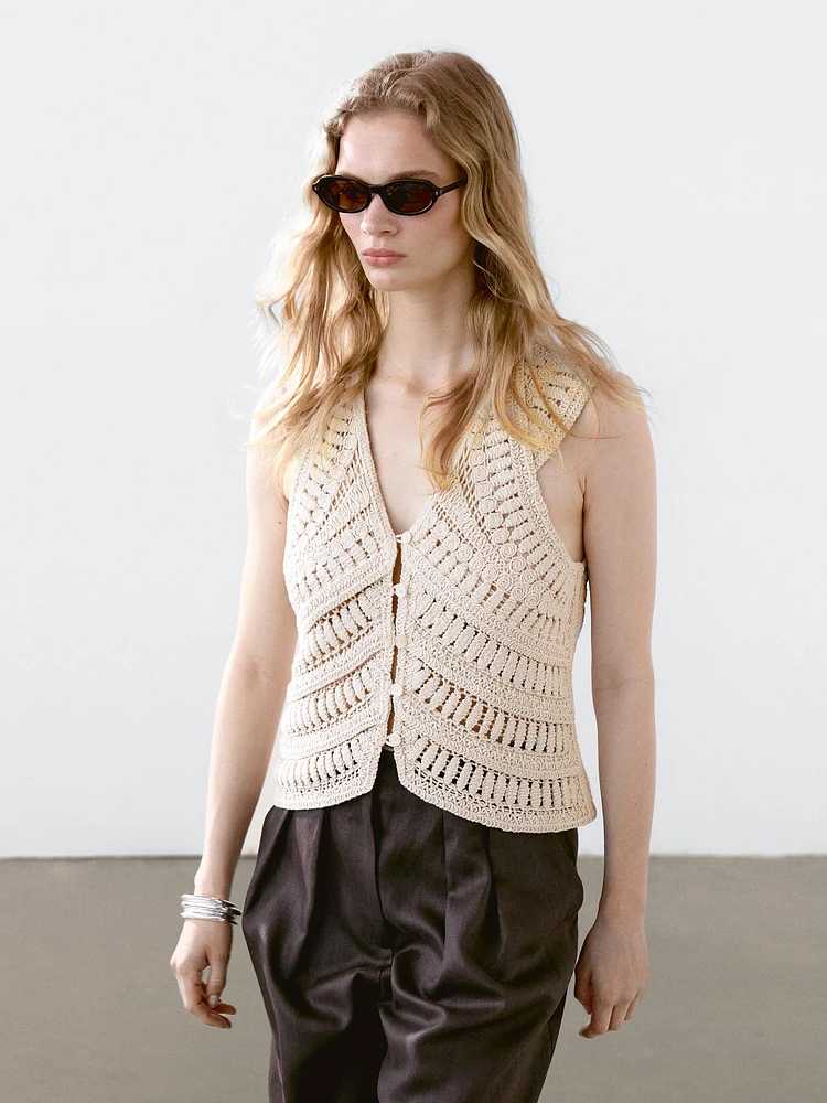 Embellished crochet knit vest