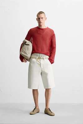 WAXED EFFECT BAGGY FIT DENIM SHORTS