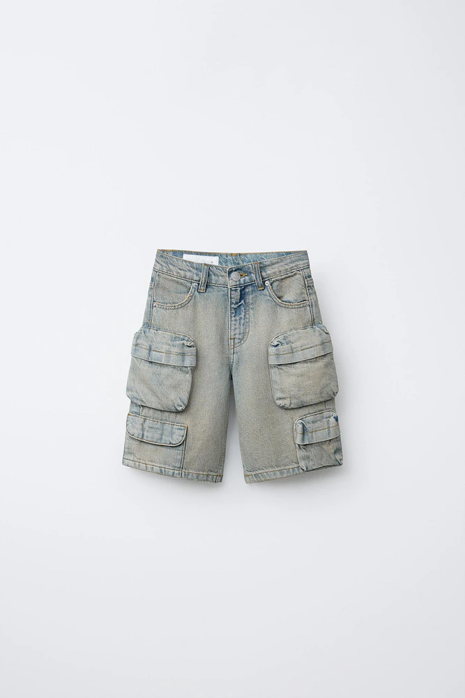 BERMUDA EN DENIM EFFET DÉLAVÉ MULTICARGO