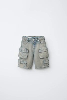 MULTI-CARGO WASHED DENIM SHORTS