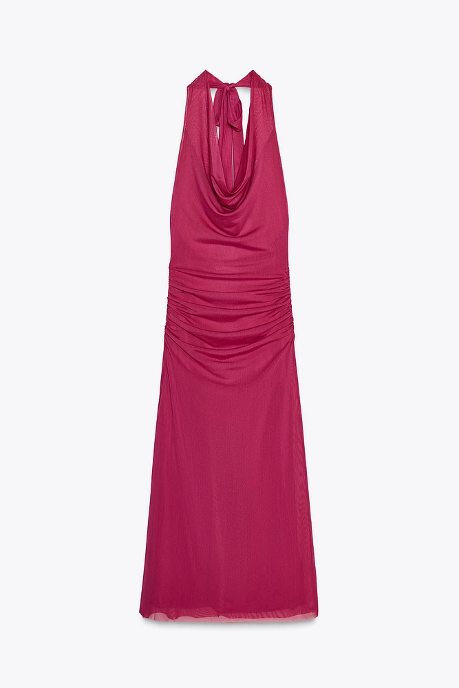 DRAPED HALTER TULLE DRESS