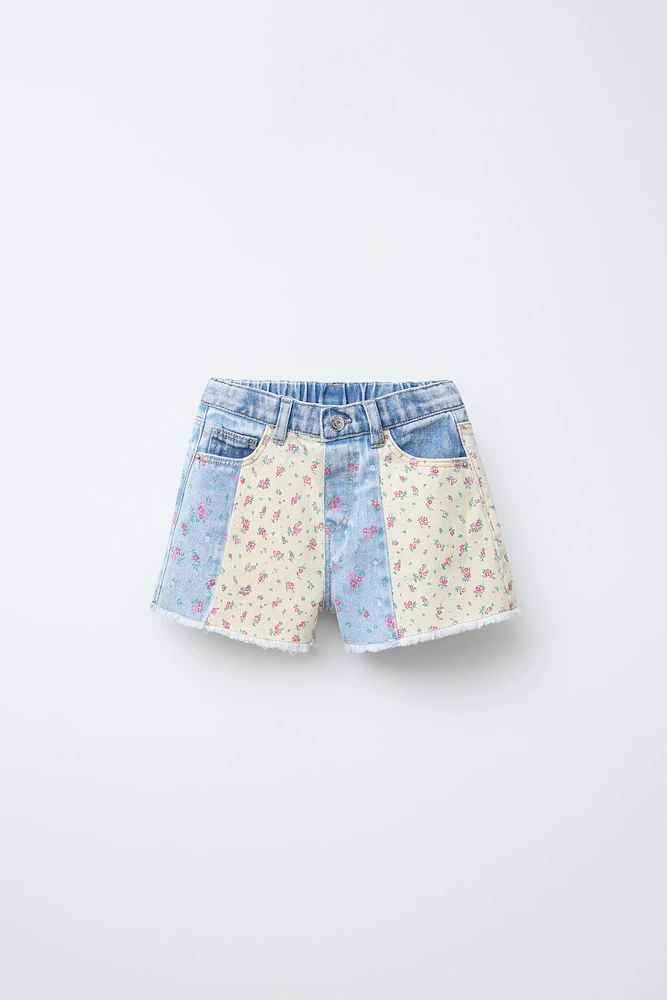 PATCHWORK FLORAL DENIM BERMUDA SHORTS