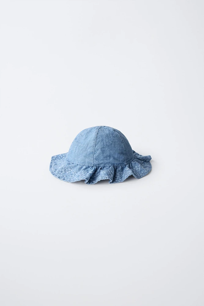 RUFFLED EMBROIDERED DENIM HAT