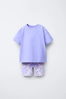 PLAIN T-SHIRT AND PRINTED BIKE SHORTS SET