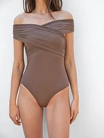 Bandeau swimsuit with criss-cross straps