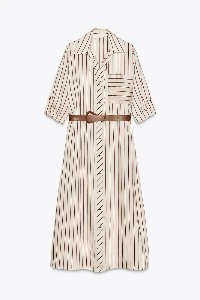 STRIPED BELTED MIDI DRESS