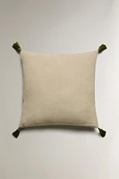 FLORAL THROW PILLOW COVER WITH POMPOMS
