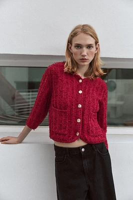 KNIT CARDIGAN WITH ELBOW-LENGTH SLEEVES