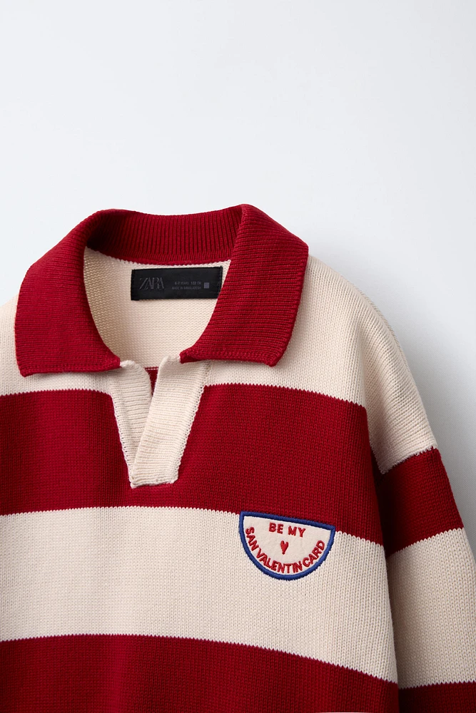 EMBROIDERED PATCH STRIPED KNIT POLO