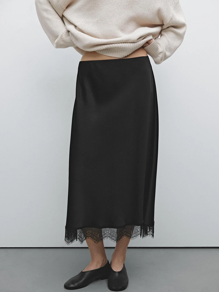 Satin midi skirt with lace detail