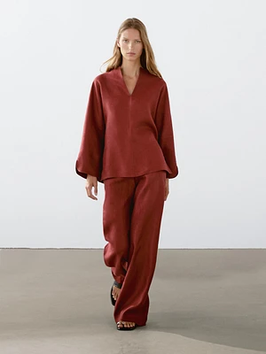Blouse à col en V 100 % lin