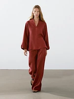 Blouse à col en V 100 % lin